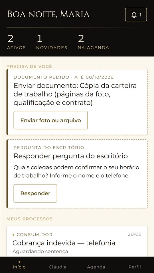 Tela inicial do app: o que precisa de você e os seus processos